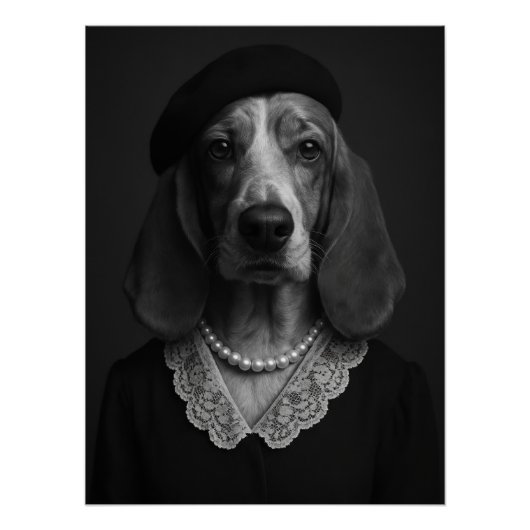 Elegant Basset Hound Lady with Beret and Pearl Poster (Vorderseite)