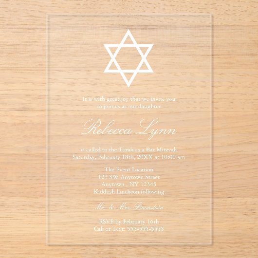 elegant Bat Mitzvah Acryleinladungen (Vorderseite)