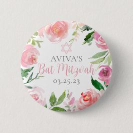 Elegant Bat Mitzvah Party Personalized Pink Floral Button