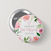 Elegant Bat Mitzvah Party Personalized Pink Floral Button (Vorne & Hinten)