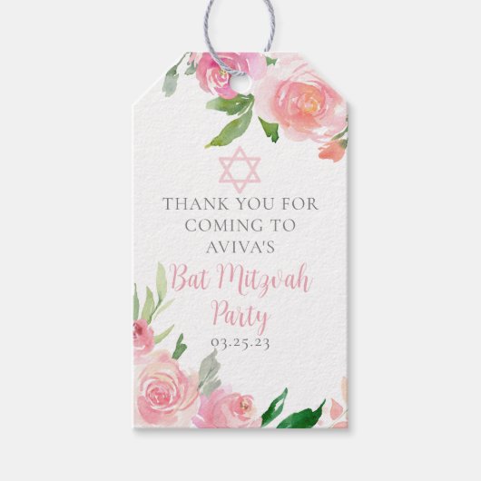 Elegant Bat Mitzvah Party Personalized Pink Floral Geschenkanhänger (Vorderseite)