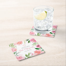 Elegant Bat Mitzvah Party Personalized Pink Floral Rechteckiger Pappuntersetzer