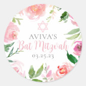 Elegant Bat Mitzvah Party Personalized Pink Floral Runder Aufkleber (Vorderseite)