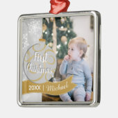 Elegant Bauble Baby's First Christmas Foto Ornament Aus Metall (Links)