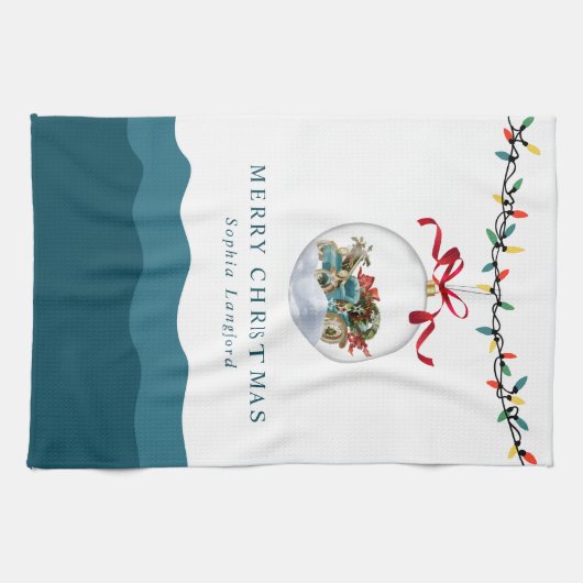 Elegant Bauble Red Bow Frohe Weihnachten Aquamarin Geschirrtuch (Horizontal)