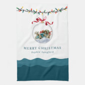 Elegant Bauble Red Bow Frohe Weihnachten Aquamarin Geschirrtuch (Vertikal)