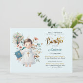 Elegant BAUTIZO Aquamarin Blue Gold Floral Cross Einladung (Stehend Vorderseite)