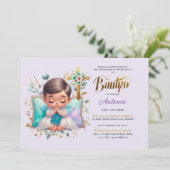 Elegant BAUTIZO Lilac Gold Floral Cross Einladung (Stehend Vorderseite)