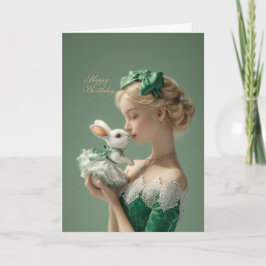 Elegant BDay Card with Lady & White Bunny in Lace Karte