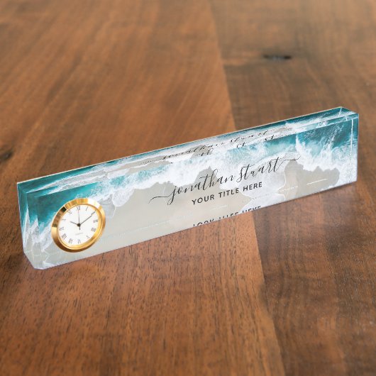 Elegant Beach Aqua Blue Green Script Modern Namensplakette (Seite)