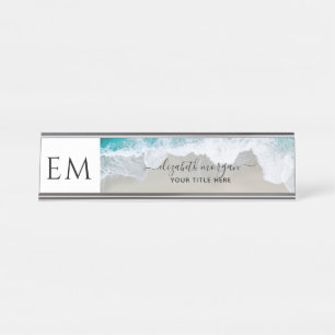 Elegant Beach Blue Green Monogram Beruflich Schreibtischnamensplakette