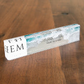 Elegant Beach Blue Green Script Mit Monogramm Namensplakette (Seite)