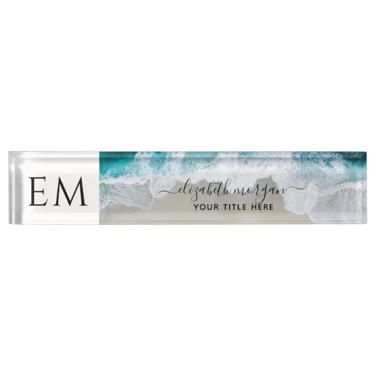 Elegant Beach Blue Green Script Mit Monogramm Namensplakette (Vorderseite)