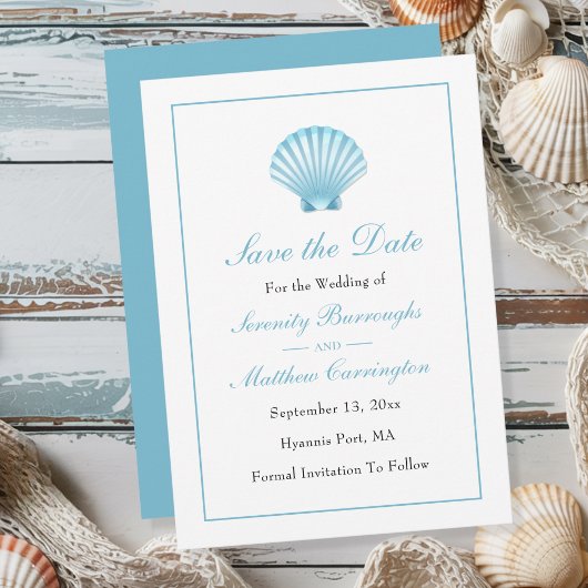 Elegant Beach Blue Muschel Wedding Save the Date Ankündigung