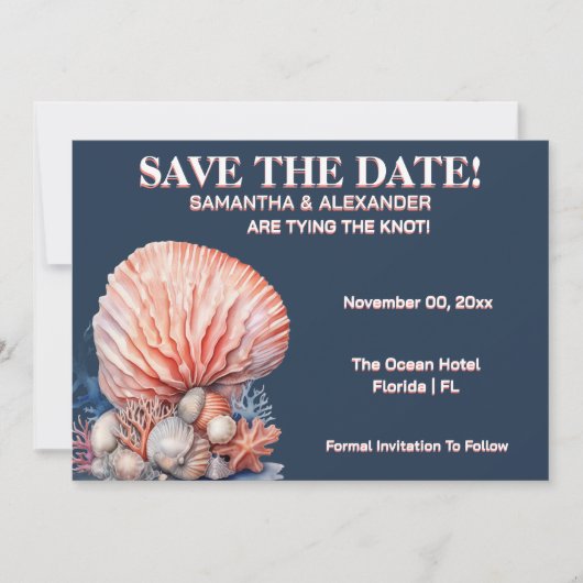 Elegant Beach Coral Wedding Invitation Blue Einladung (Vorderseite)