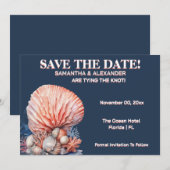 Elegant Beach Coral Wedding Invitation Blue Einladung (Vorne/Hinten)