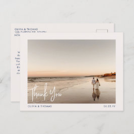 Elegant Beach Modern Wedding Foto Danke Navy Postkarte