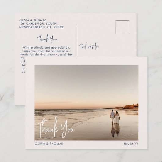 Elegant Beach Modern Wedding Foto Danke Navy Postkarte (Vorne/Hinten)