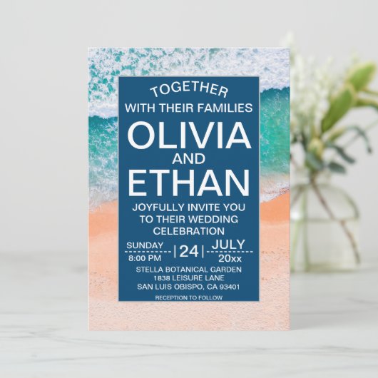 Elegant Beach Navy Blue Sea Waves Summer Wedding Einladung (Stehend Vorderseite)