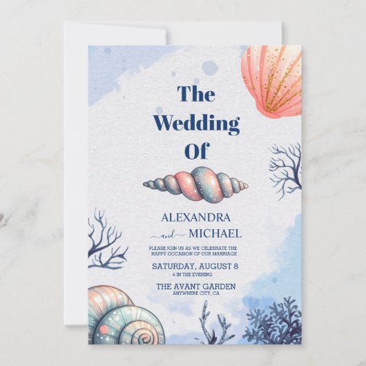 Elegant Beach Seashell Moderne Script Wedding Einladung (Vorderseite)