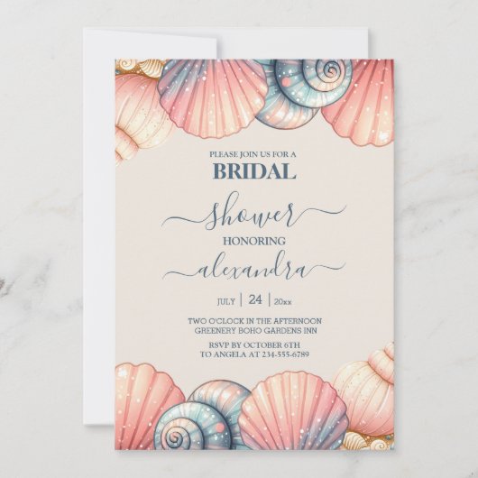 Elegant Beach Seashell Modernes Script-Brautparty Einladung (Vorderseite)