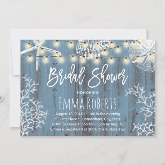 Elegant Beach Seashells Dusty Blue Brautparty Einladung (Vorderseite)