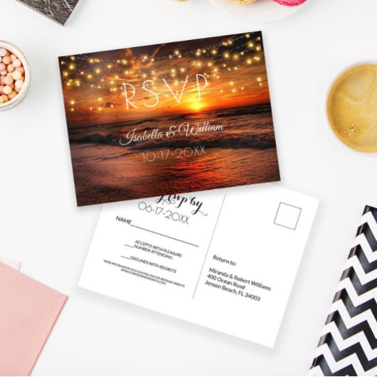 Elegant Beach Summer Wedding RSVP Postkarte