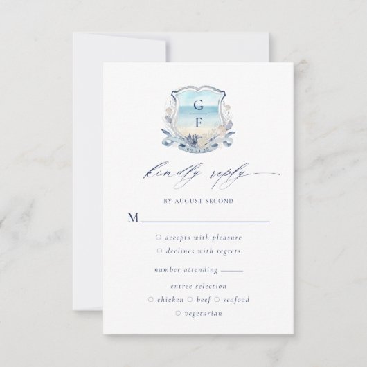 Elegant Beach Wappen Monogram Wedding RSVP Karte (Vorderseite)