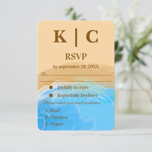 Elegant Beach Watercolor wedding rsvp card (Stehend Vorderseite)