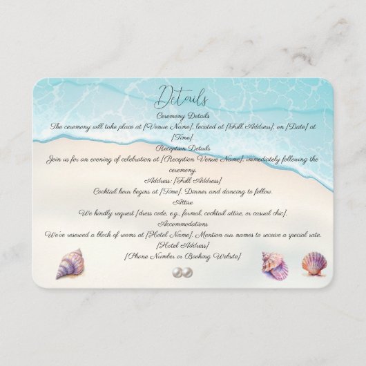Elegant Beach Wedding Seashells Pearls Nautical Begleitkarte (Vorderseite)