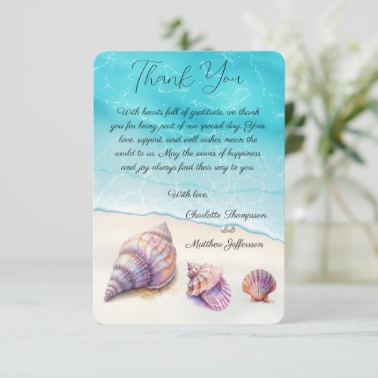 Elegant Beach Wedding Seashells Pearls Nautical Dankeskarte (Stehend Vorderseite)