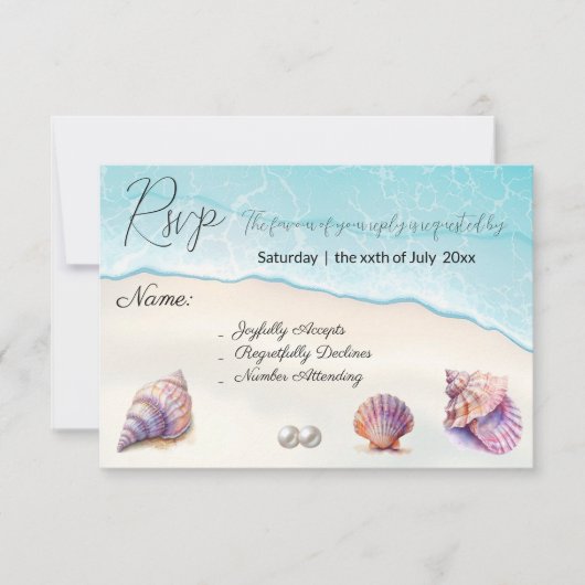 Elegant Beach Wedding Seashells Pearls Nautical RSVP Karte (Vorderseite)