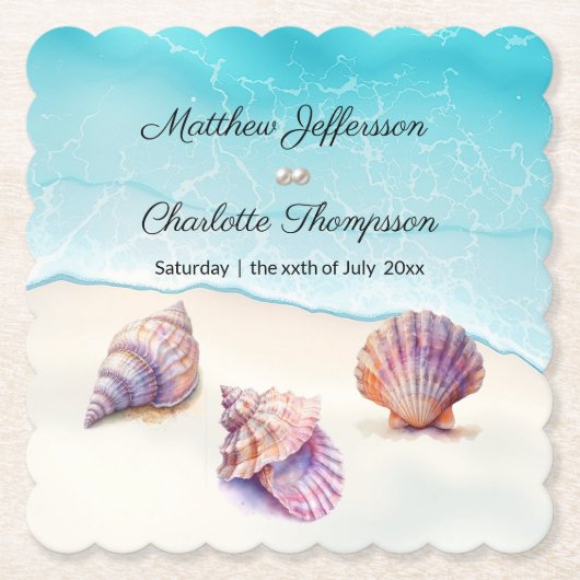 Elegant Beach Wedding Seashells Pearls Nautical Untersetzer (Vorderseite)