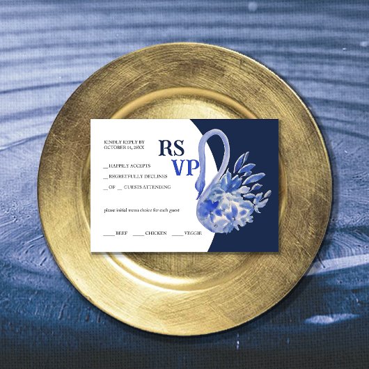 Elegant Beautiful Blue Boho Swan Watercolor RSVP Karte