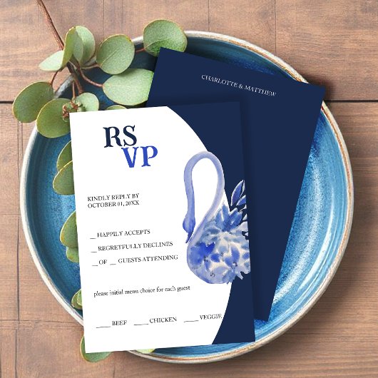 Elegant Beautiful Blue Boho Swan Watercolor RSVP Karte