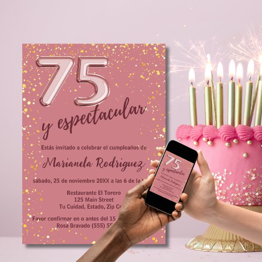 Elegant Beautiful Rose Gold 75. Geburtstag Spanisc Einladung