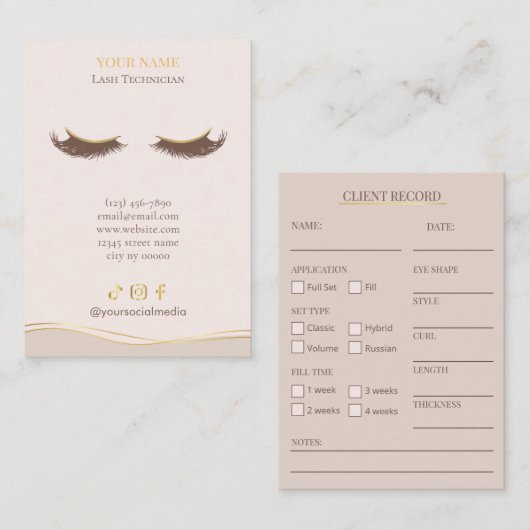 Elegant Beige and gold Lash Client Record Form Visitenkarte (Vorne/Hinten)