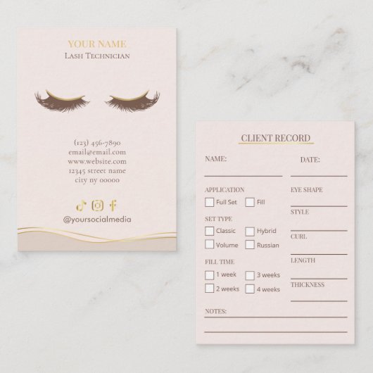 Elegant Beige and gold Lash Client Record Form Visitenkarte (Vorne/Hinten)