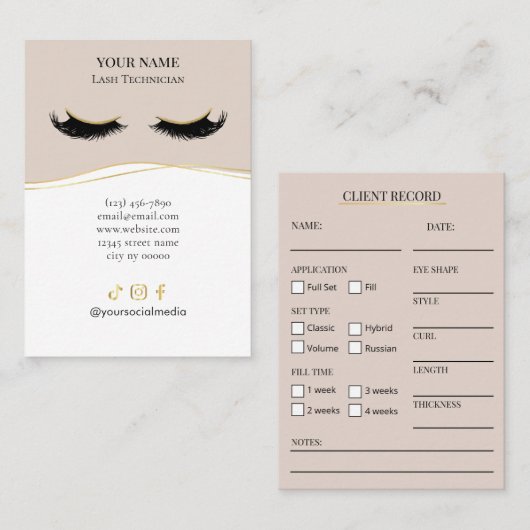 Elegant Beige and gold Lash Client Record Form Visitenkarte (Vorne/Hinten)
