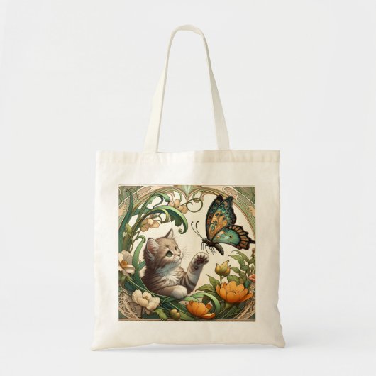 Elegant Beige Art Nouveau Kitten und Butterfly Tragetasche (Vorne)