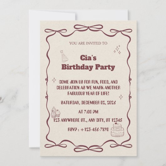"Elegant Beige Birthday Party Invite" Einladung (Vorderseite)