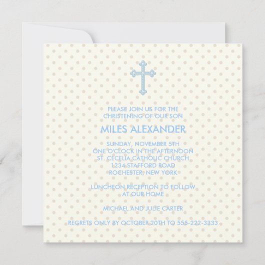Elegant Beige Blue Cross Boys Christening Einladung (Vorderseite)