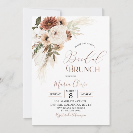 Elegant Beige Boho Pampas Grass Bridal Brunch Einladung (Vorderseite)