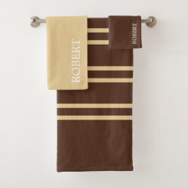 Elegant Beige &Brown Stripes Pattern Custom Name Badhandtuch Set
