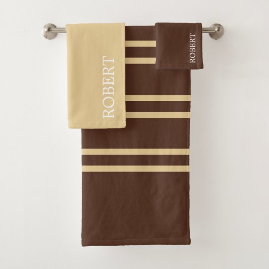 Elegant Beige &Brown Stripes Pattern Custom Name Badhandtuch Set (Insitu)