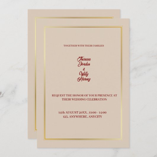 Elegant Beige & Burgundy Floral Wedding Invitation Einladung (Vorne/Hinten)