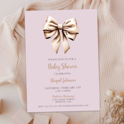 Elegant Beige Coquette Bow Baby Shower Einladung