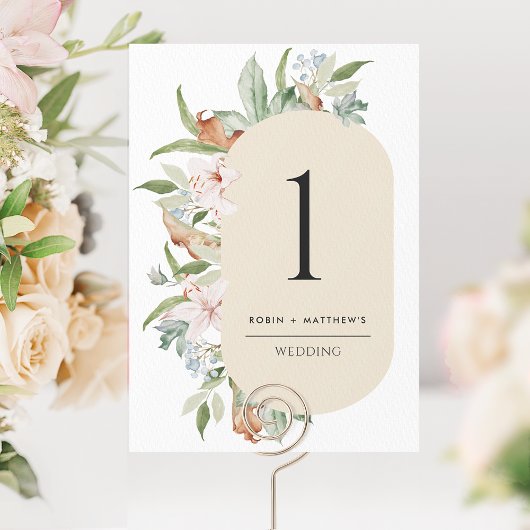 Elegant Beige, Earthy Blooms Wedding Tischnummer