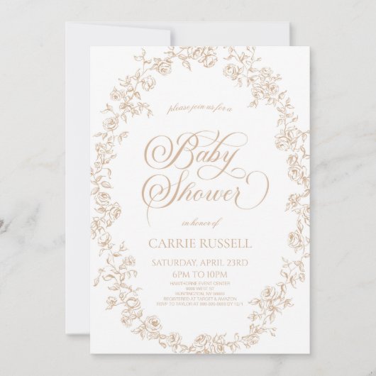 Elegant Beige Floral Roses Line Art Baby Shower Einladung (Vorderseite)