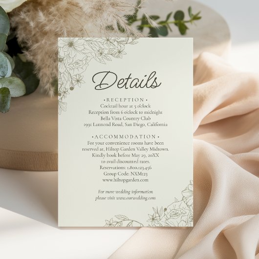 Elegant Beige Floral Script Wedding Details Begleitkarte